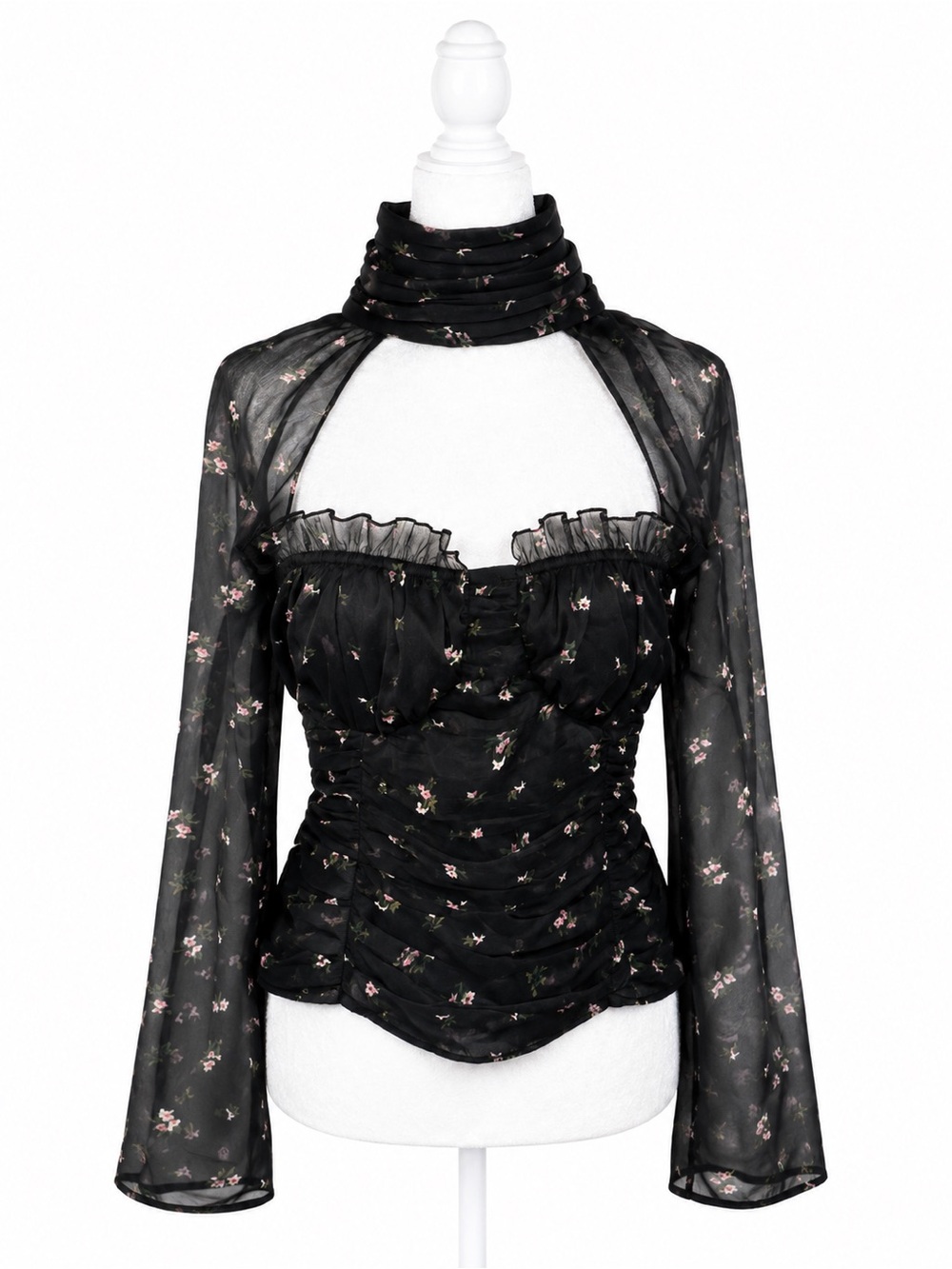 ASOS Design Black Floral Mesh Corset Top Size 10 Cutout Choker Long Sleeve